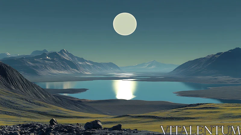 AI ART Serene Mountainscape with Moonlit Lake