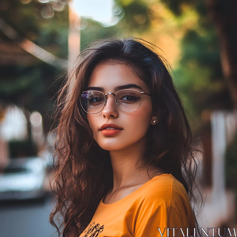 Stylish Woman with Glasses on a Street AI Image