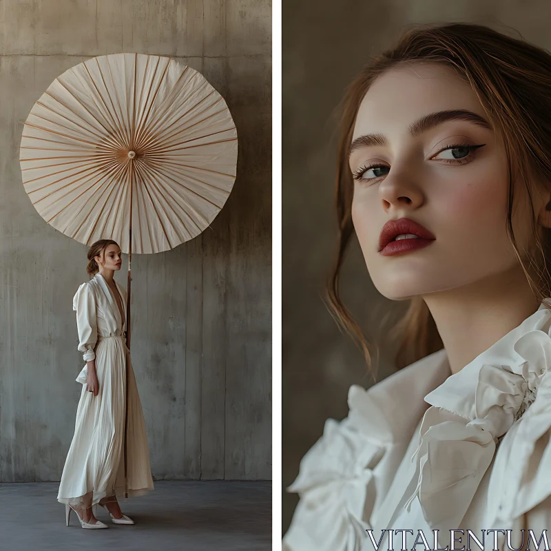 Sophisticated Woman in White with Oversize Umbrella AI Image