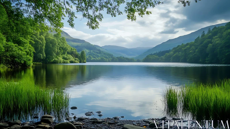 AI ART Tranquil Lake Reflection with Mountain and Forest Scenery