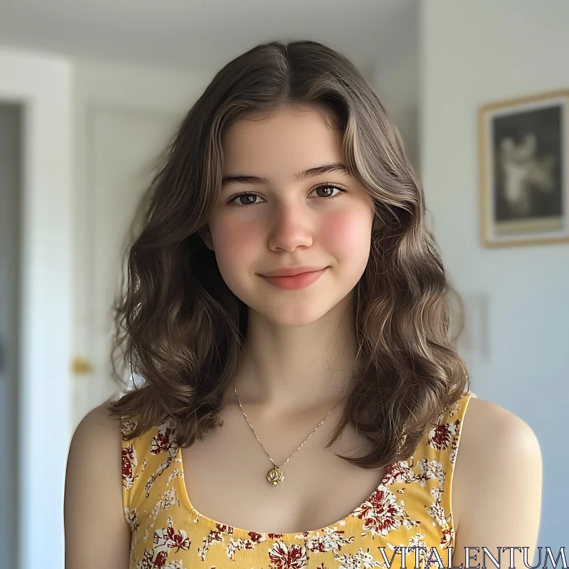 Serene Woman in a Yellow Dress Indoor Portrait AI Image