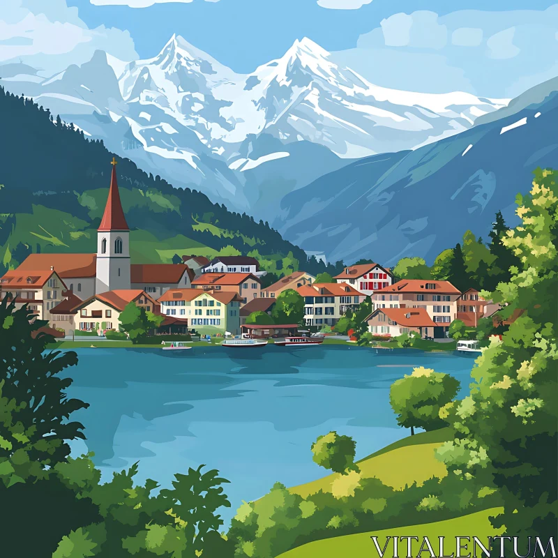 Tranquil Village Landscape with Majestic Mountains AI Image