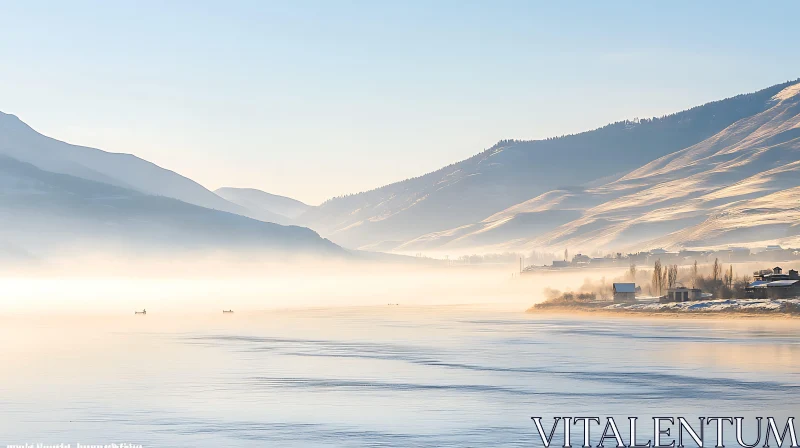 Tranquil Mountain Lake with Early Morning Mist AI Image