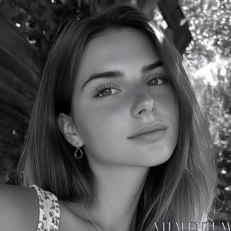 Young Woman's Black and White Outdoor Portrait AI Image