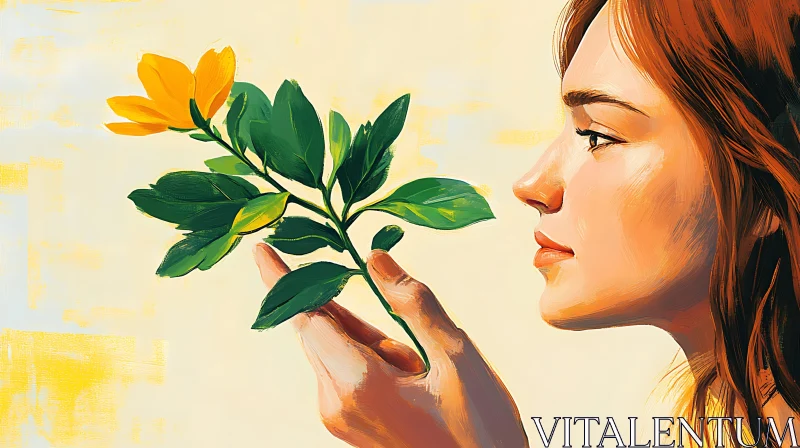 Woman with Yellow Flower Art AI Image