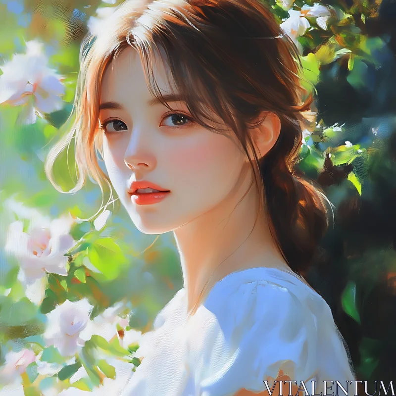 AI ART Calm Woman Portrait Surrounded by Flowers in Natural Light