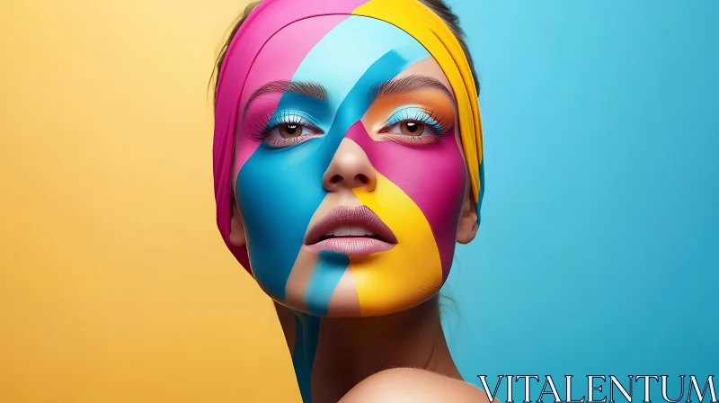 Vivid Geometric Face Paint Art on Woman's Portrait AI Image