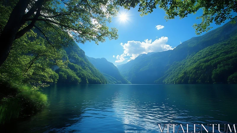 Peaceful Forest-Encircled Lake with Mountain Views AI Image