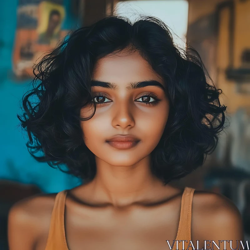 AI ART Portrait of Young Woman with Brown Eyes and Curly Black Hair