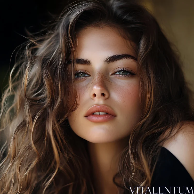 Freckled Woman with Wavy Hair Close-Up AI Image