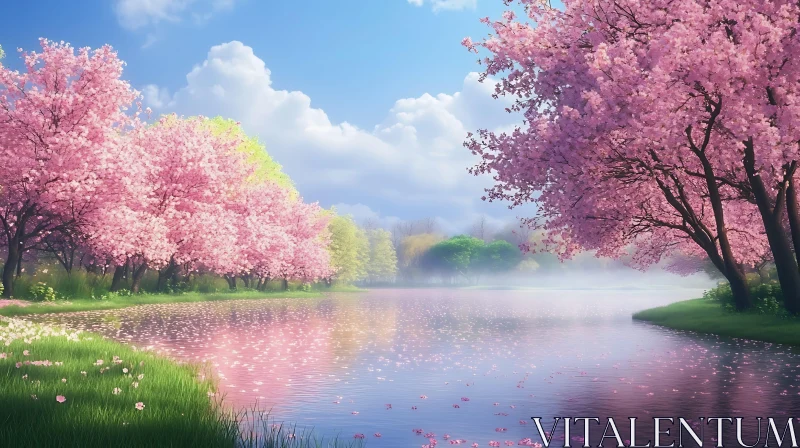 Tranquil Cherry Blossom Lake Scene AI Image