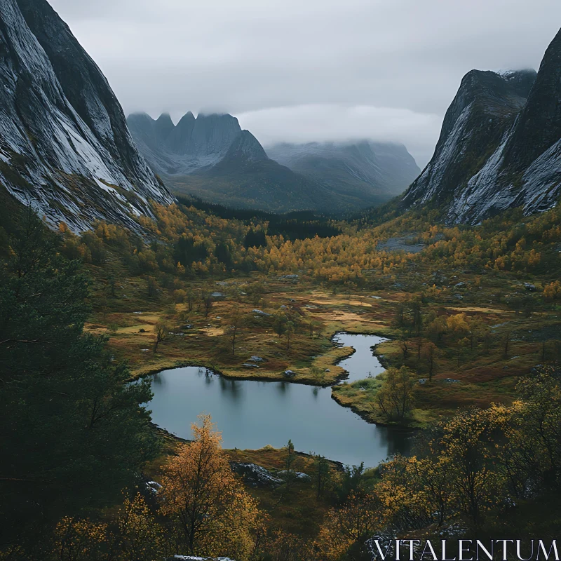 Misty Mountain Valley in Autumn AI Image