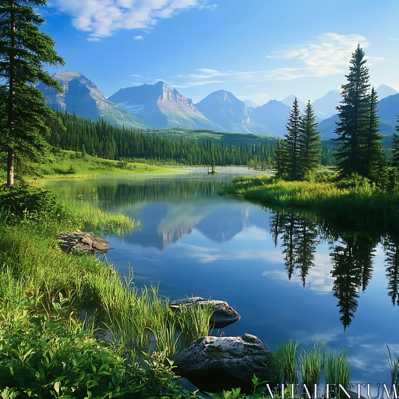 Peaceful Alpine Scene with Tranquil Waters and Greenery AI Image