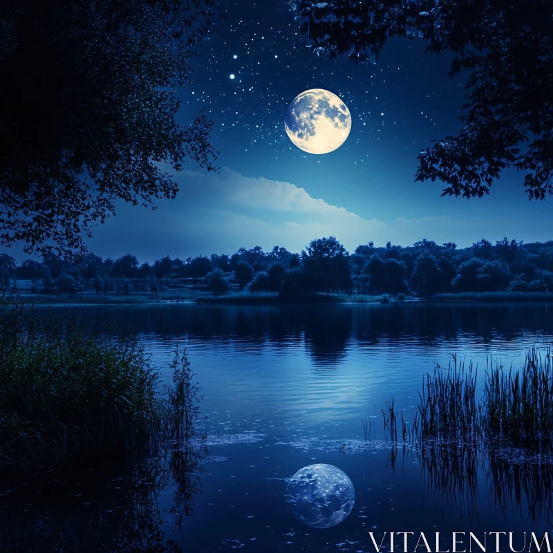 Tranquil Nightscape with Moon Reflection AI Image