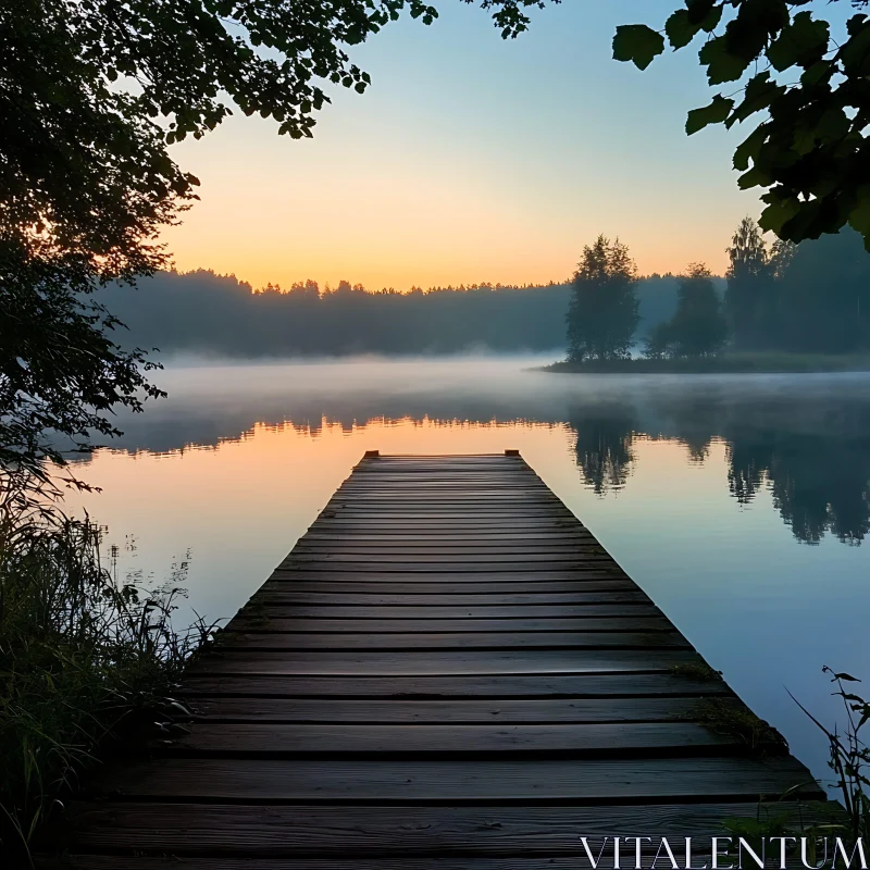 Serene Dawn at a Lakeside Dock AI Image