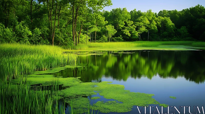 Peaceful Lake with Green Reflection and Aquatic Plants AI Image