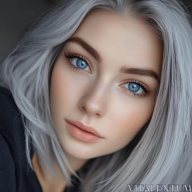 Woman with Blue Eyes and Grey Hair Portrait AI Image