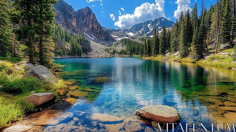 Serene Mountain Lake with Pine Forest and Clear Reflections AI Image