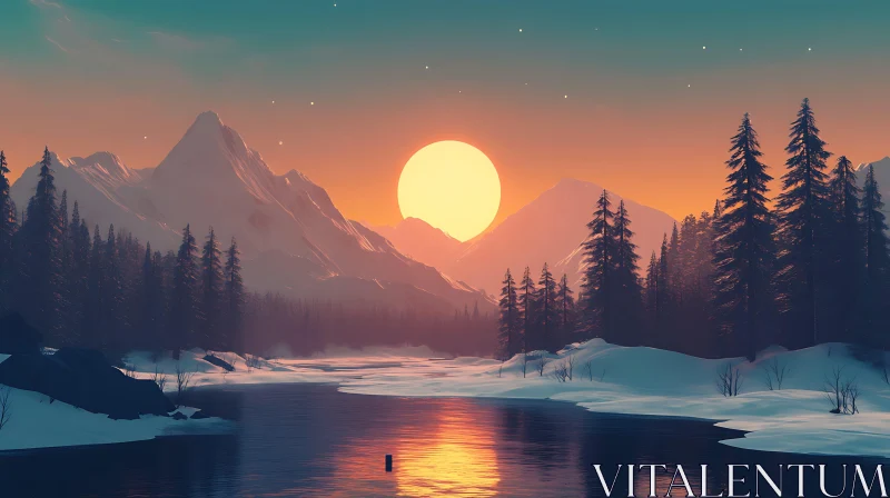 Peaceful Snowy Mountain Landscape at Sunset AI Image