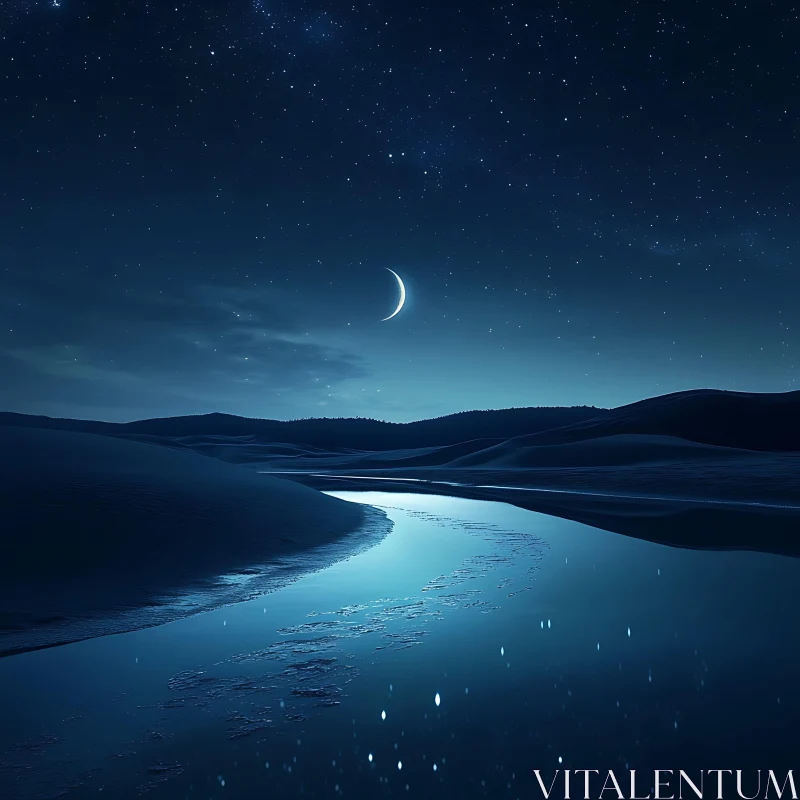 Tranquil Crescent Moon Over Reflective River at Night AI Image