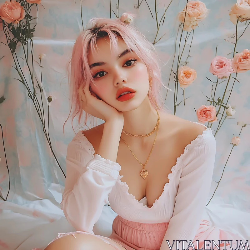 AI ART Stylish Woman with Pink Hair and Floral Setting