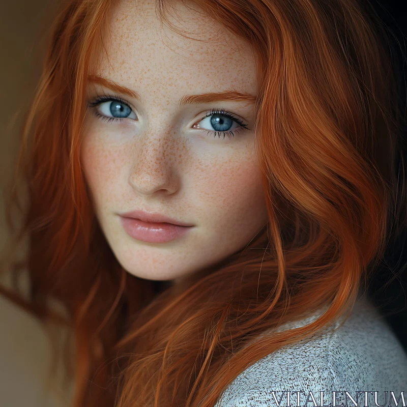 Portrait of Red-Haired Woman with Freckles AI Image