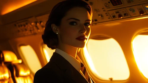 Flight Attendant in Golden Airplane Light