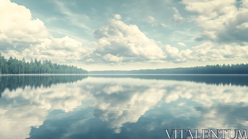 Serene Lake and Forest Under Cloudy Sky AI Image