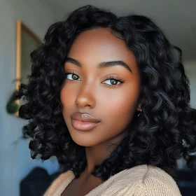 Close-Up Portrait of a Woman with Flawless Skin and Curly Hair