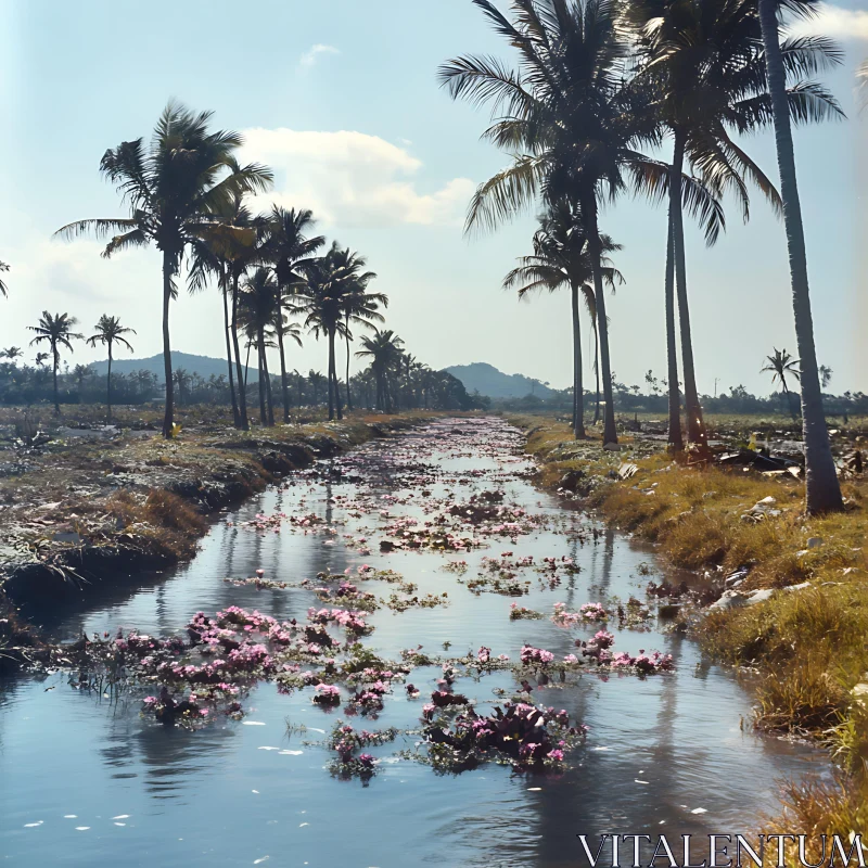 AI ART Tranquil River Landscape with Palm Trees