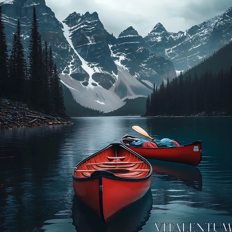 Tranquil Canoeing in Pristine Mountain Lake AI Image