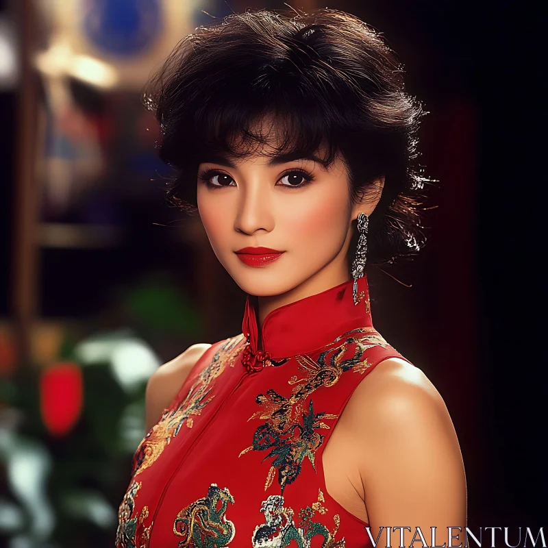 Graceful Woman in Intricately Embroidered Red Chinese Dress AI Image