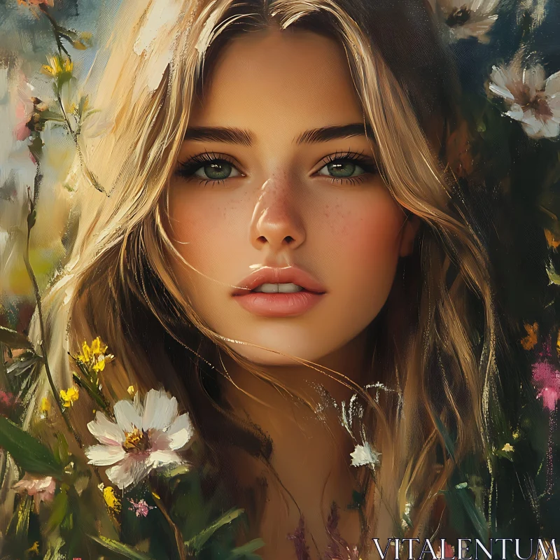 AI ART Serene Woman Portrait in Floral Surroundings