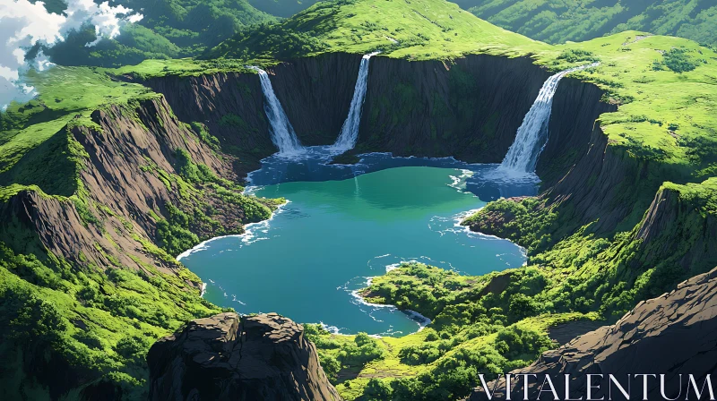 Serene Waterfalls and Lake in Nature AI Image