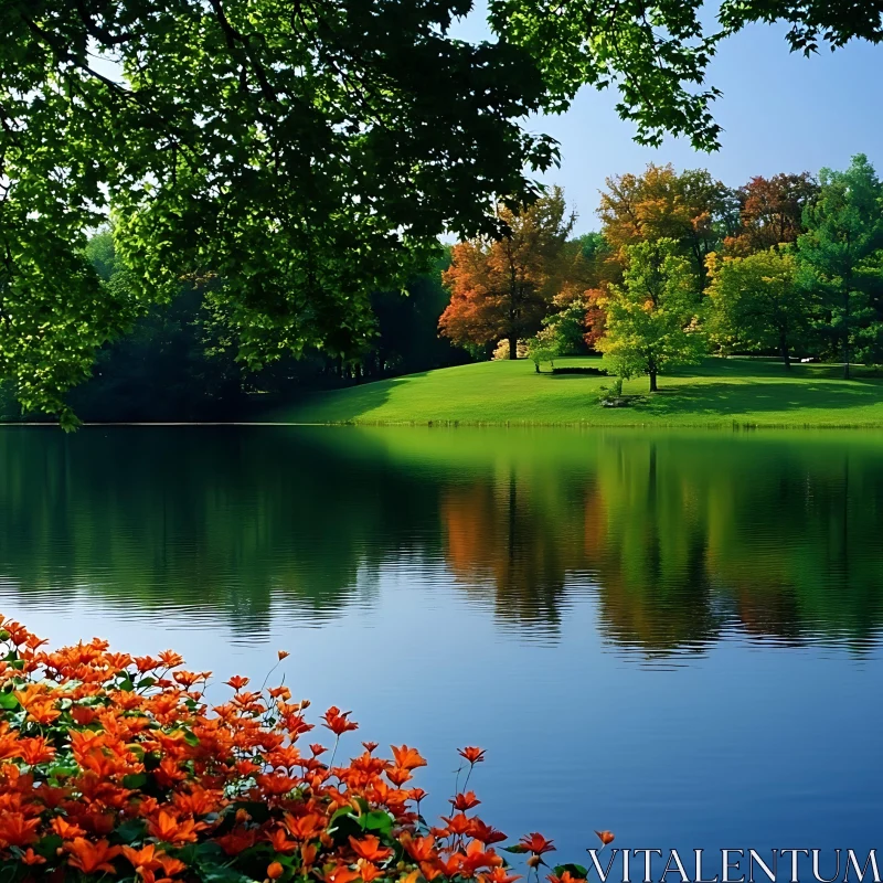 AI ART Serene Lakeside Landscape with Reflective Waters