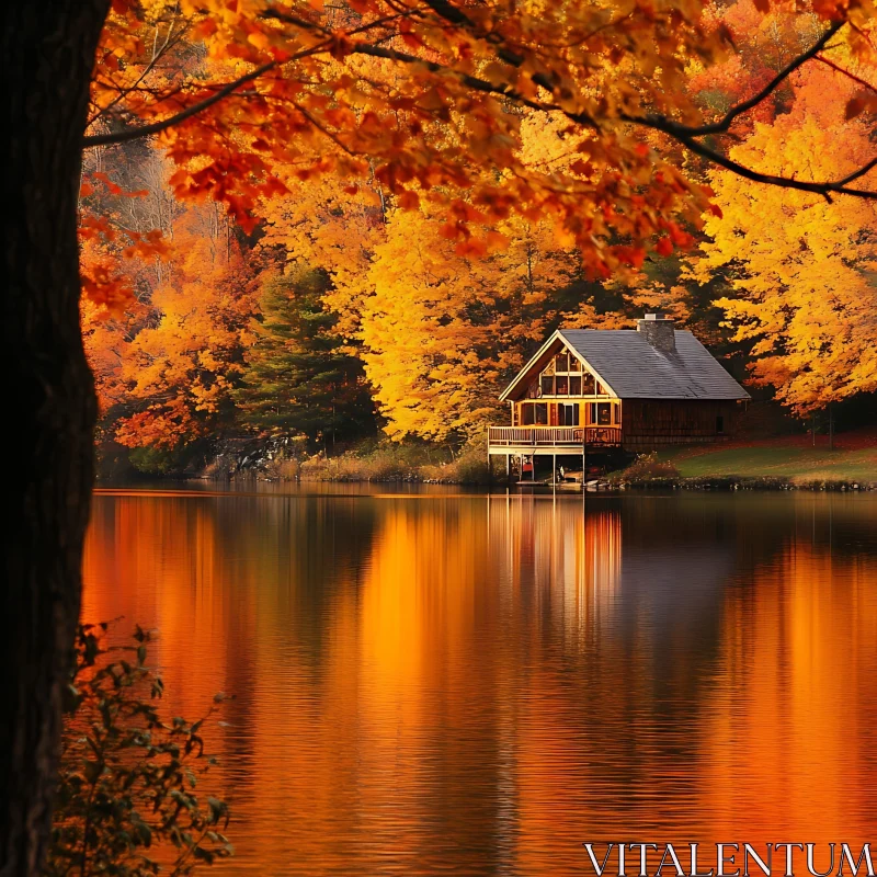 AI ART Autumn Cabin and Reflective Lake Scene