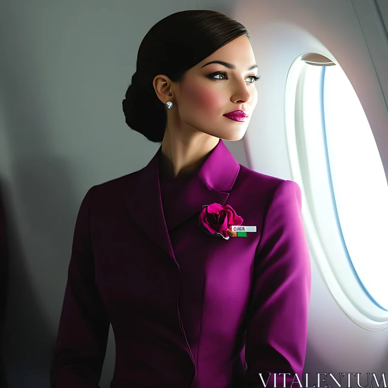 Flight Attendant in Magenta Uniform by Airplane Window AI Image