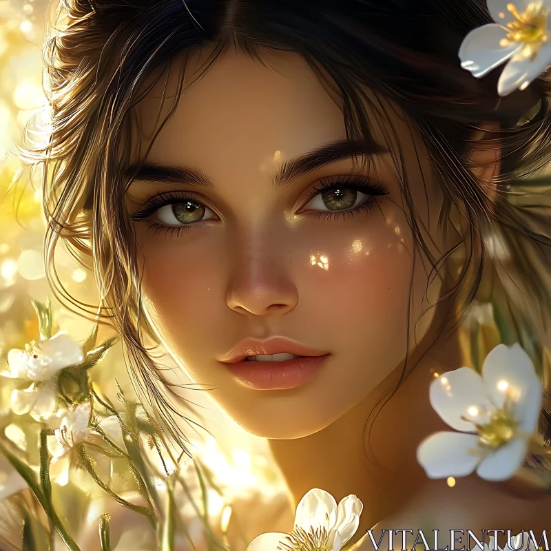 Beautiful Woman with Flowers and Glowing Light AI Image