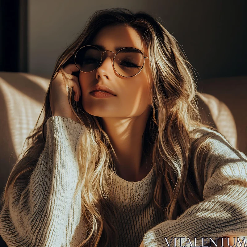 Contemplative Woman with Blonde Hair and Glasses AI Image