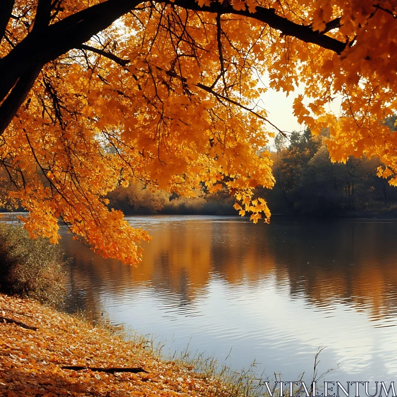 Tranquil Waterscape with Fall Foliage AI Image