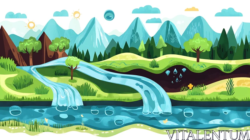 AI ART Picturesque Nature Scene with Waterfall and Lush Mountains