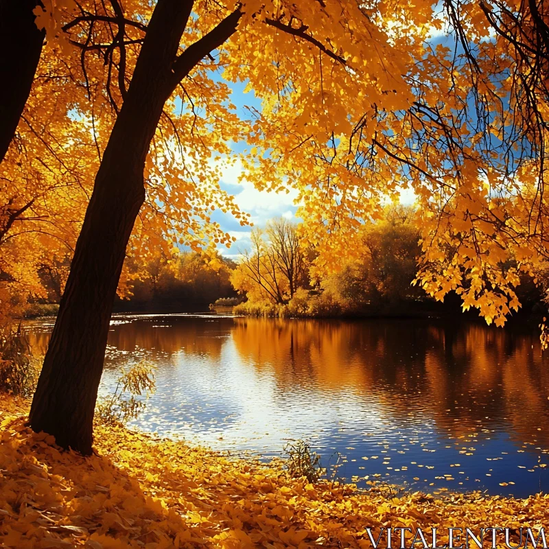 Golden Autumn Leaves by a Tranquil Lake AI Image