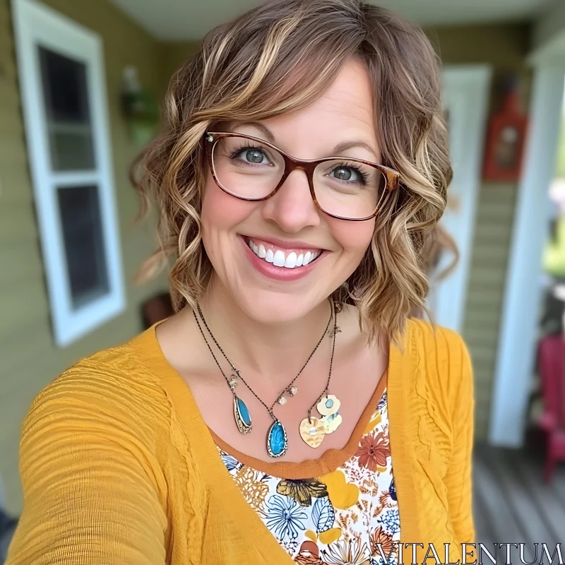 Cheerful Woman on a Porch in Fashionable Attire AI Image