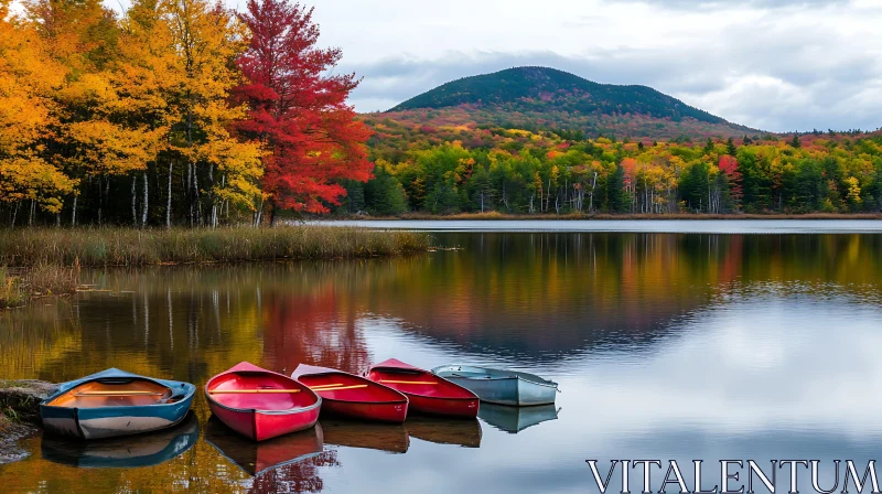 AI ART Tranquil Fall Lake Scene with Boats and Mountain