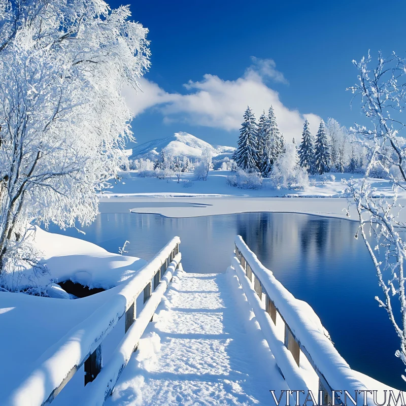 Snowy Bridge Over Lake in Winter Wonderland AI Image