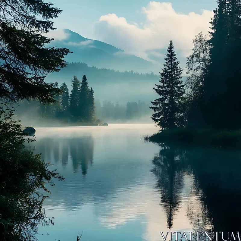 Misty Lake with Forest Reflections AI Image