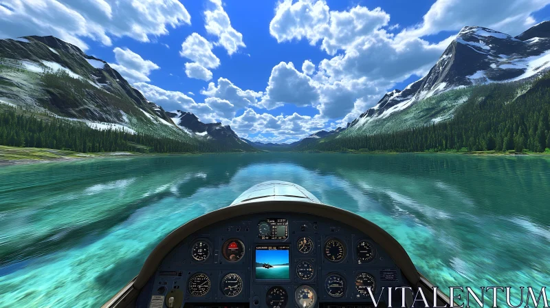 Cockpit Journey Over a Clear Mountain Lake AI Image