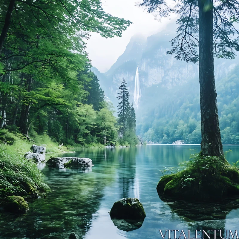 Tranquil Lake Amidst Forest and Mountains AI Image