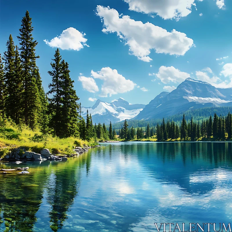 AI ART Tranquil Mountain Lake with Pine Forests