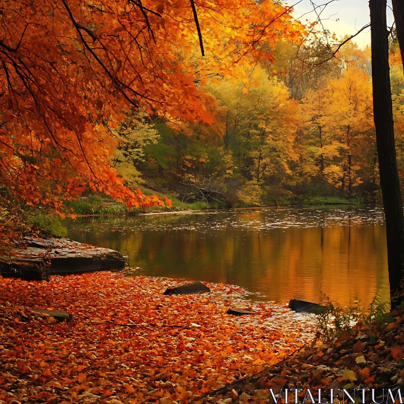 Peaceful Fall Scene with Orange and Yellow Leaves by the Lake AI Image